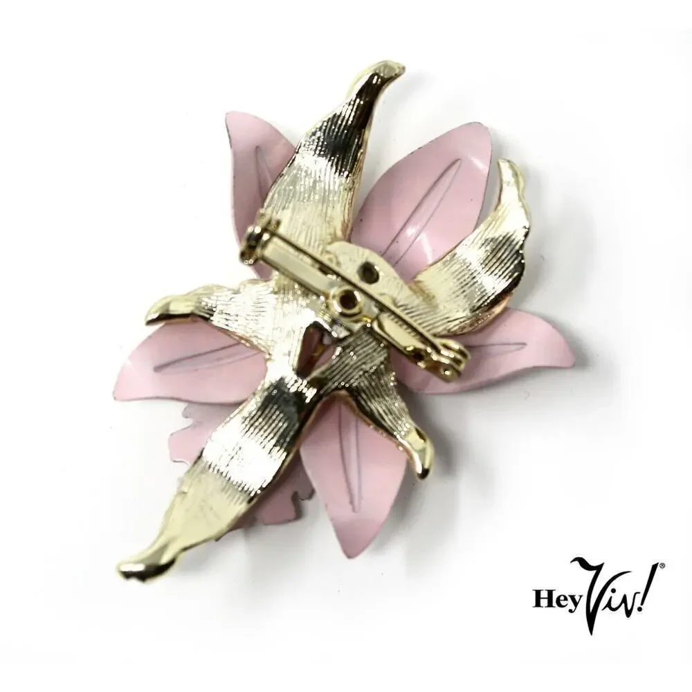 Vintage Pink Enamel Flower Pin w Touch of Gold 3D Petals 2 5/8